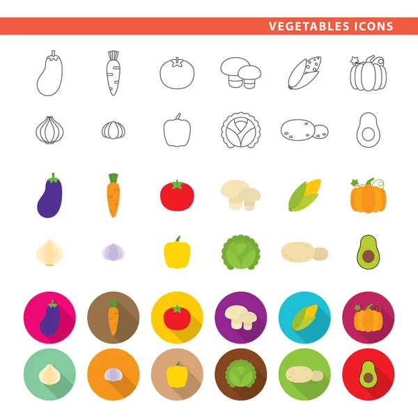 Üç stilleri, çizgi, düz ve gölge sebze simgeleri.