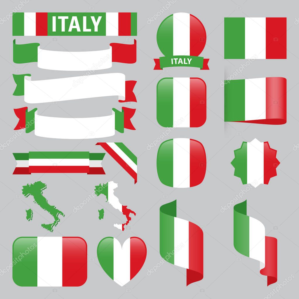 Set of Italy maps, flags, ribbons, icons and buttons with different shapes.