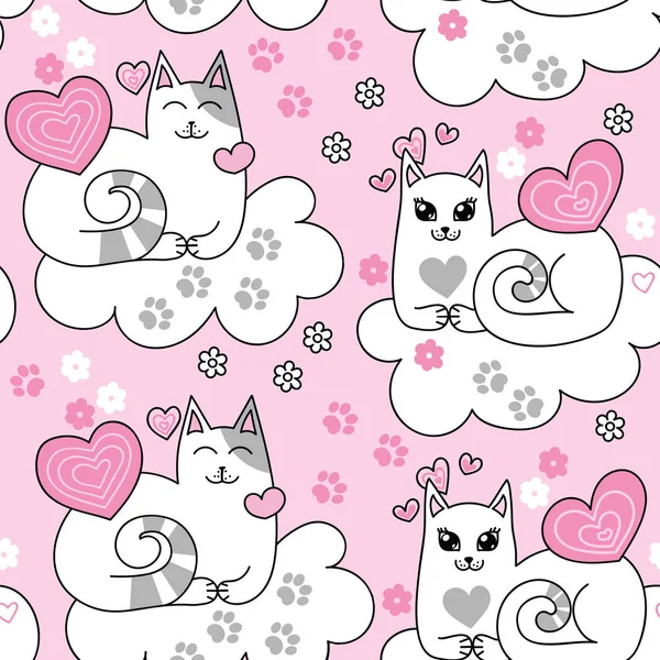 Seamless pattern with cats, hearts and clouds — Stock Vector
