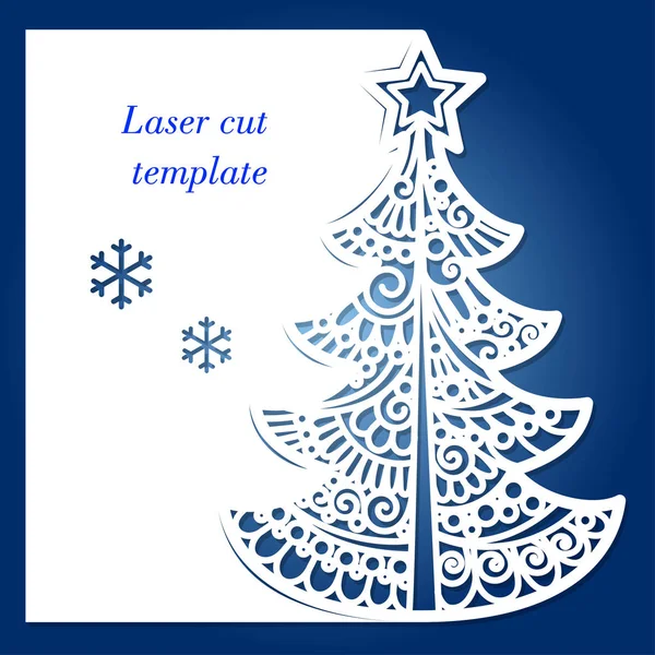 Шаблон лазерного різання з ялинкою та сніжинками . — стоковий вектор