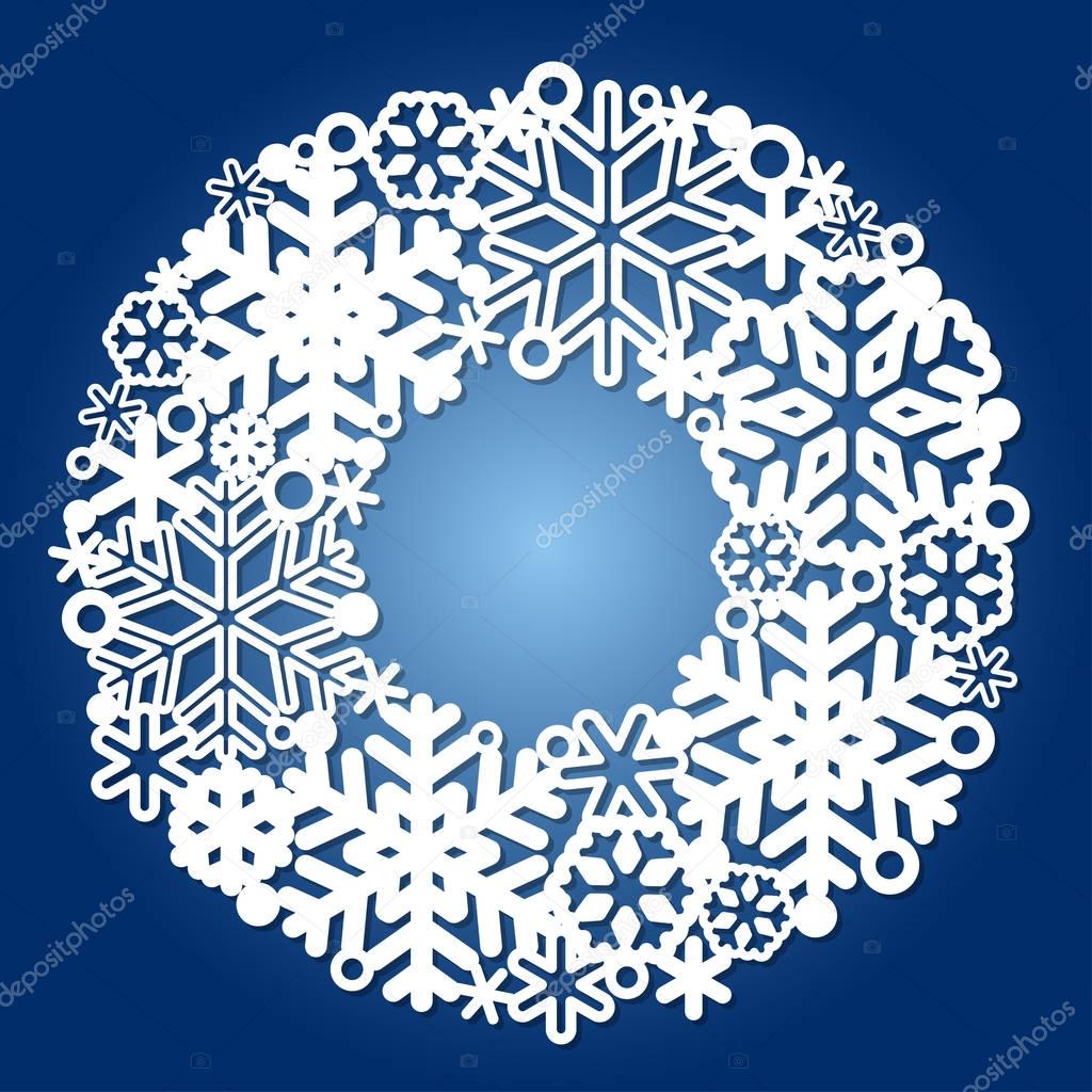 Round frame of snowflakes, for laser cutting. Christmas wreath for your design.