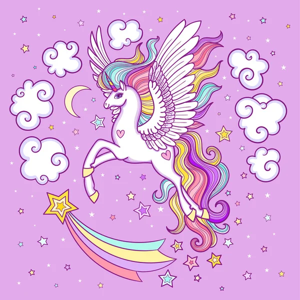 Carino unicorno bianco tra stelle e nuvole. Illustrazione per bambini. Vettore . — Vettoriale Stock