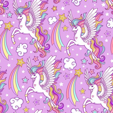 Beyaz tek boynuzlu atlar, yıldızlar, kalpler. Duvar kağıdı, kumaş vb. çocuk tasarımı için.