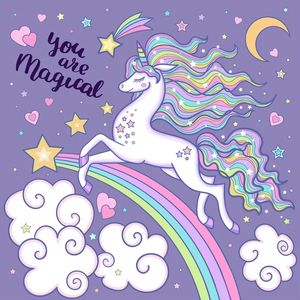 Gökkuşağı yeleli beyaz tek boynuzlu at. Çocuk illüstrasyonu. Vektör