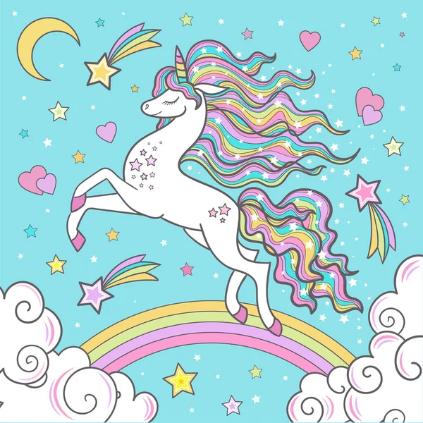 White unicorn on a rainbow. Childrens illustration. Vector. — Stock Vector