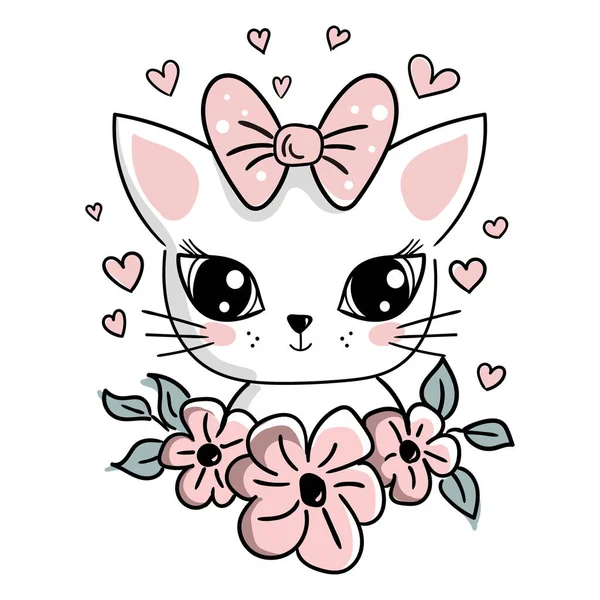 Leuke kat met strik en bloemen. Doodle stijl Vector illustratie. — Stockvector