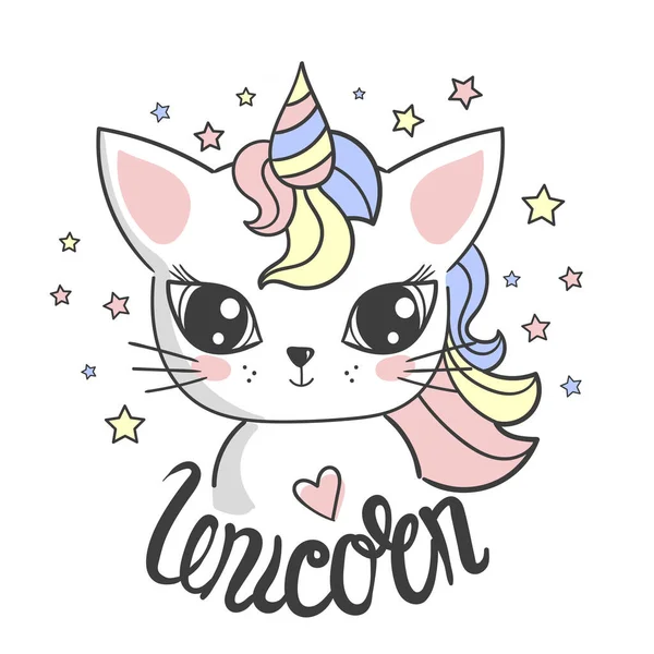 Tekboynuzlu bir kedi. Caticorn. Yavru tek boynuzlu at. Vektör