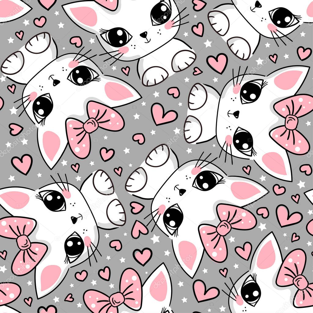 Seamless pattern with cute white cats on a gray background. Vector.