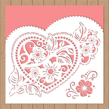 Lazer kesim şablonu. İçinde kalp ve çiçek olan bir düğün zarfı. Vektör