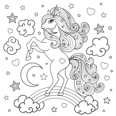 Gökkuşağında uzun yelesi olan tek boynuzlu at. Siyah beyaz görüntü. Vektör