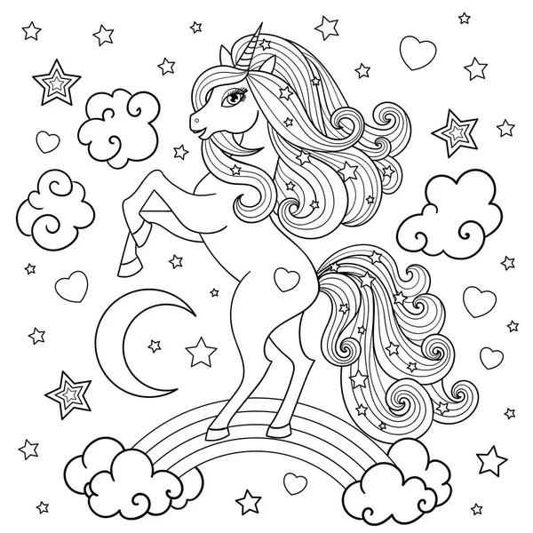 Gökkuşağında uzun yelesi olan tek boynuzlu at. Siyah beyaz görüntü. Vektör