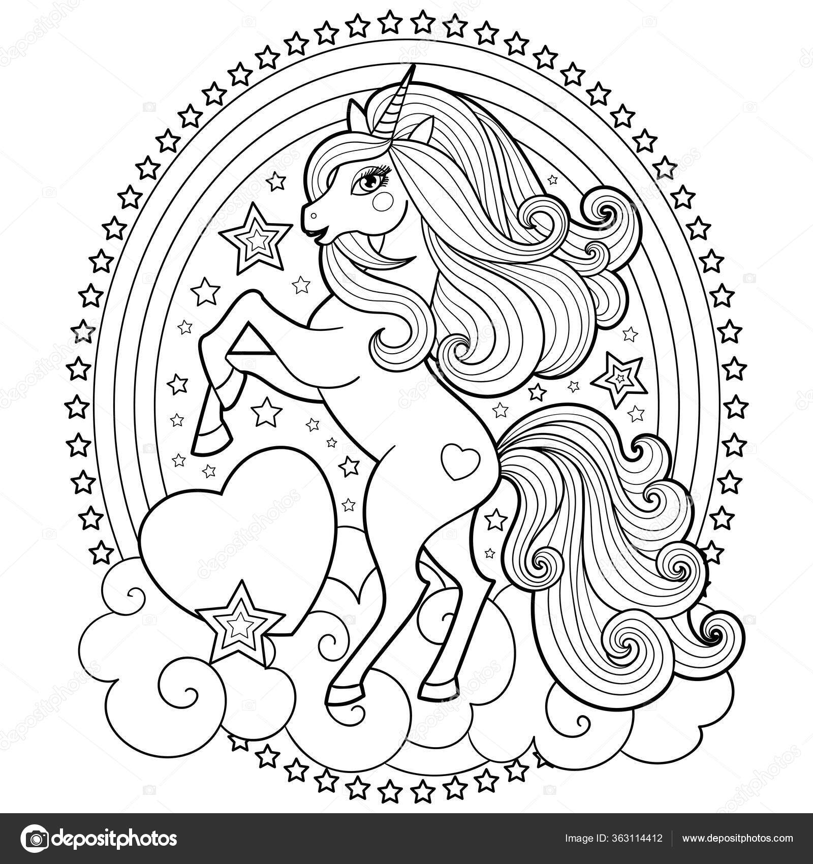 Cute Unicorn On A Cloud With A Rainbow Black And White Image Vector Vector Image By C Zerlina Vector Stock