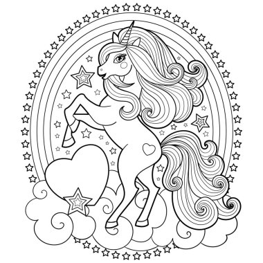 Gökkuşağı ve bulut üzerindeki şirin tek boynuzlu at. Siyah beyaz görüntü. Vektör