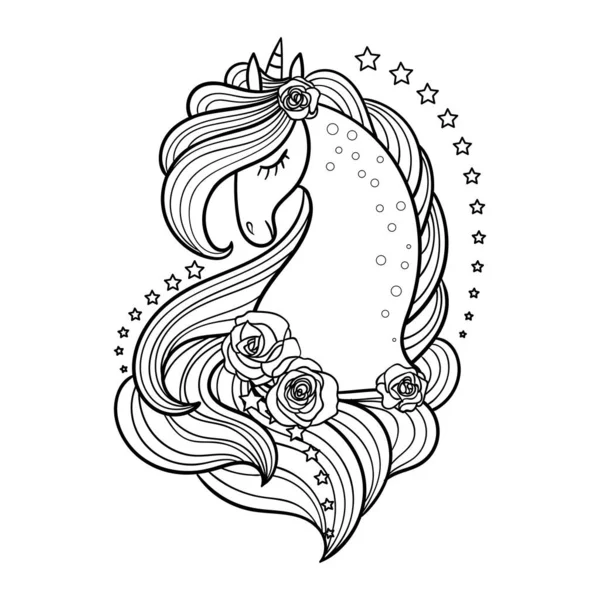 Magiczny jednorożec z długą grzywą, różami i gwiazdami. Czarno-biały obraz. Wektor — Wektor stockowy