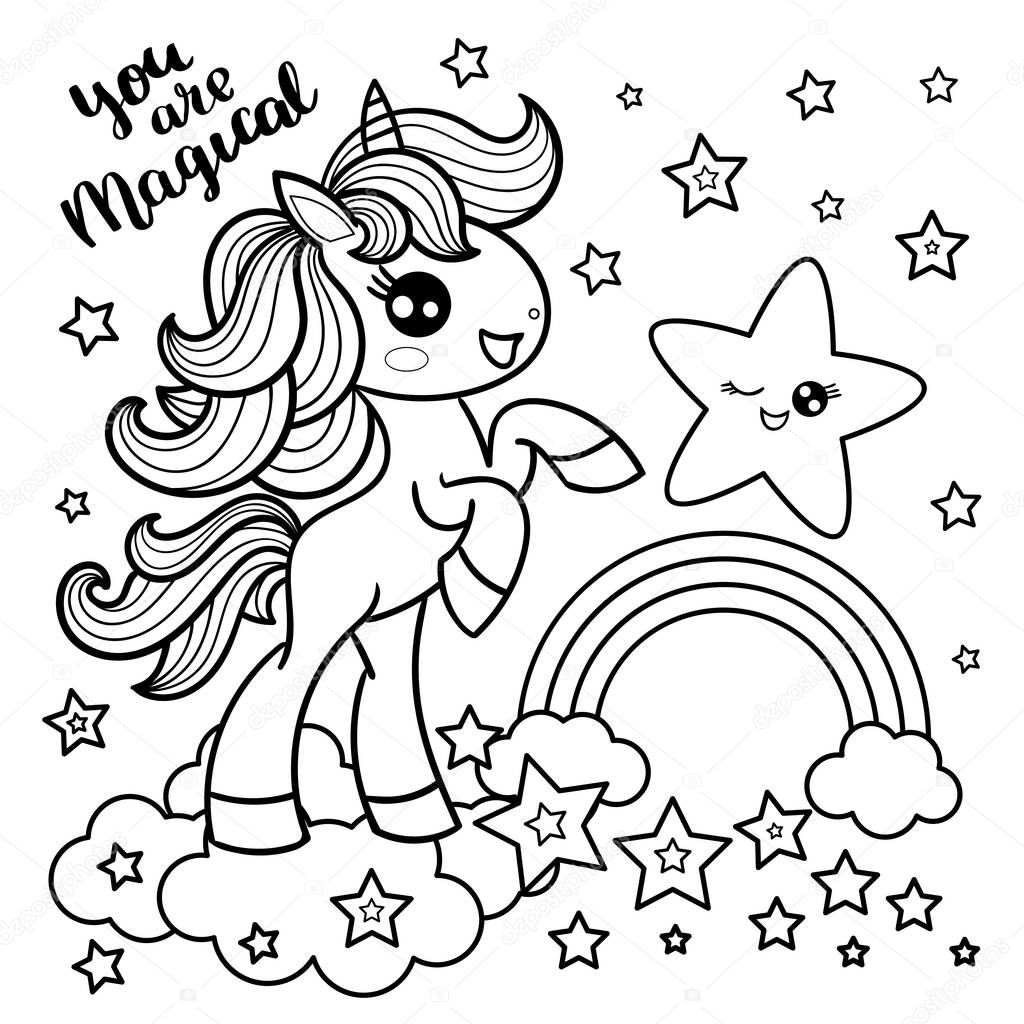 ✓ You are magical. Cute, cartoon unicorn with a rainbow and stars ...