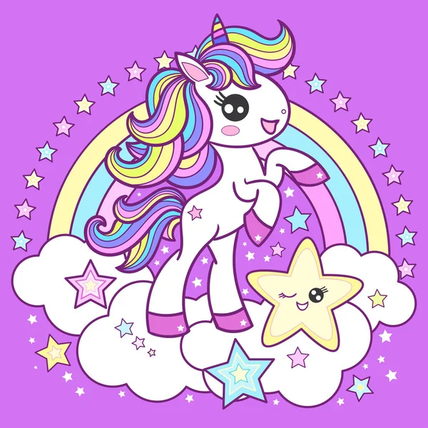 Carino, cartone animato unicorno su uno sfondo arcobaleno. Illustrazione per bambini. Immagine vettoriale — Vettoriale Stock