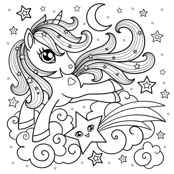 Bulutların üzerinde tek boynuzlu at çizgi filmi. Siyah ve beyaz. Vektör illüstrasyonu