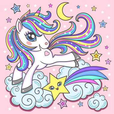 Gökyüzünde sevimli sihirli tek boynuzlu at bulutları. Çocuklar için romantik el çizimi. Vektör