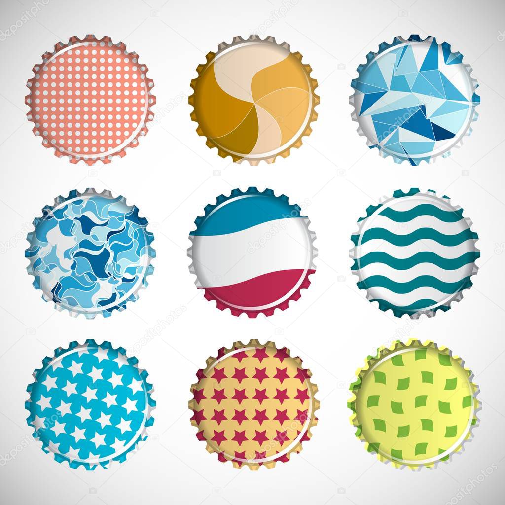 Vector illustration of colorful bottle caps set, decorated with 