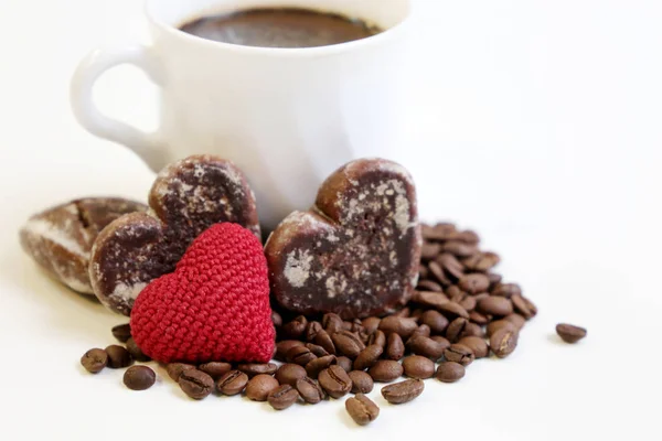 Романтический Завтрак День Святого Валентина Чашка Кофе Красное Вязаное Сердце — стоковое фото