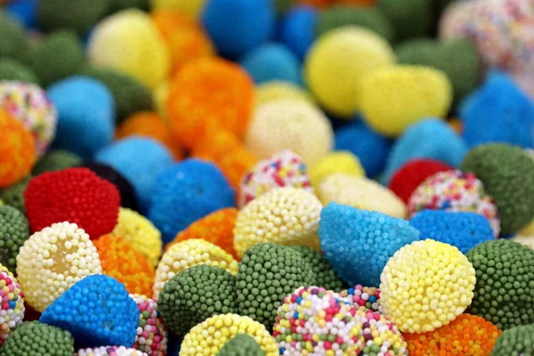 Kauwgumballs Kleurrijke Snoepjes Groen Geel Blauw Oranje Gummy Marmelade Voor — Stockfoto