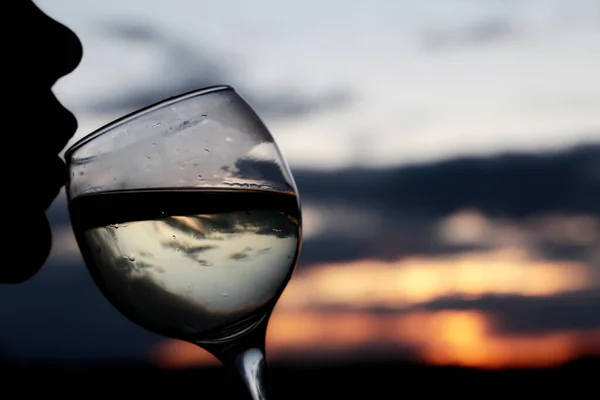 Donna Che Beve Vino Bianco Silhouette Del Viso Con Vetro — Foto Stock