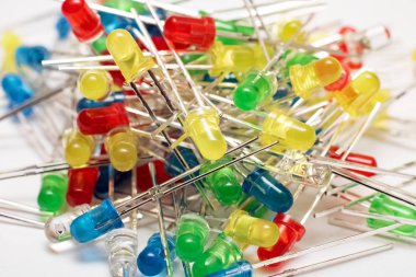 A bunch of multi colored LEDs closeup