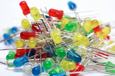 A bunch of multi colored LEDs closeup