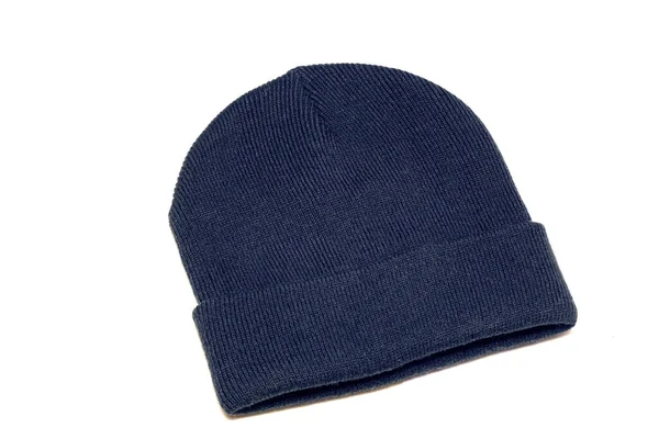Μπλε μάλλινο καπέλο απομονωμένο σε λευκό φόντο — Φωτογραφία Αρχείου