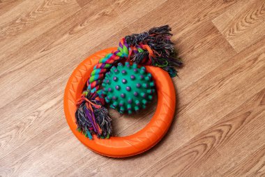 Toys for dogs on a wooden background