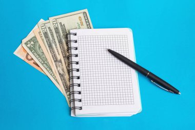 Notebook, pen and money on a blue background