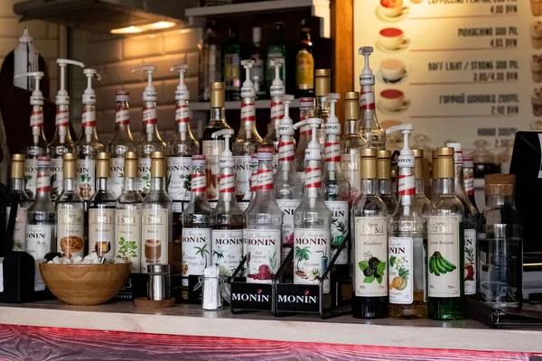 BELARUS, NOVOPOLOTSK - MARCH 08, 2020: Various liquor bottles on bar counter — ストック写真