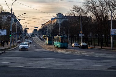 BELARUS, MINSK - MARCH 10, 2020: Busy street and tram rails in the morning