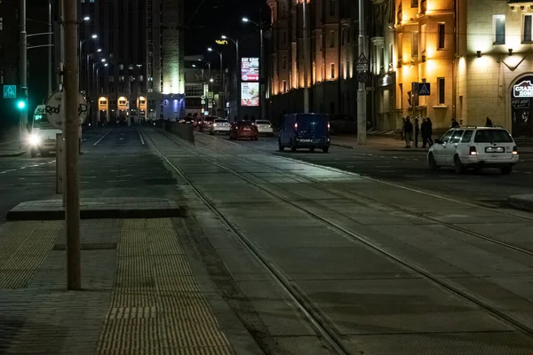 Belarus Minsk March 2020 Tram Rails Night Street Close — ストック写真