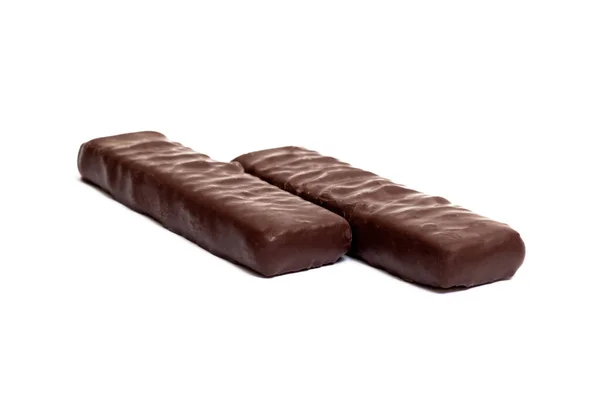 Dos Caramelos Largos Chocolate Aislados Sobre Fondo Blanco Cerca — Foto de Stock
