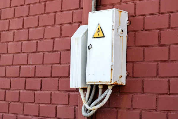 Metal Box Wires Brick Wall Close — Stock Photo, Image