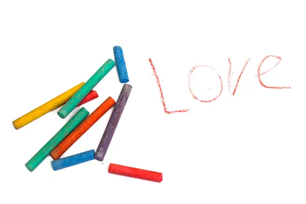 Crayones Colores Amor Palabras Aislados Sobre Fondo Blanco Cerca —  Fotos de Stock