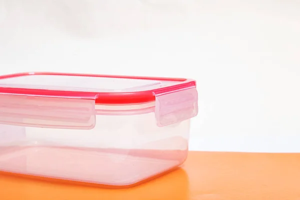 Lunchbox Aus Plastik Auf Dem Tisch Großaufnahme Kopierraum — Stockfoto