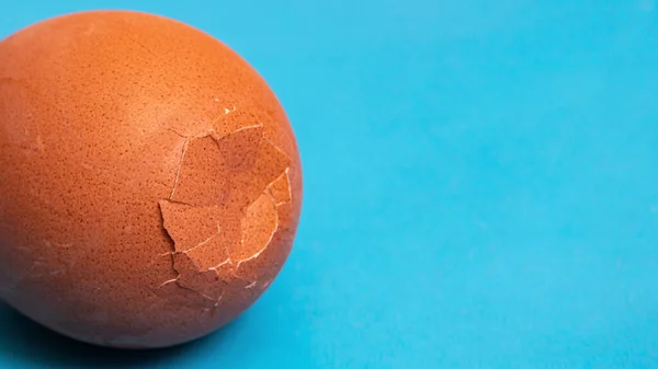 Brown cracked egg on a blue background, copy space