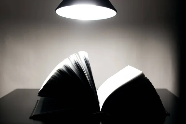 Livro Aberto Uma Lâmpada Mesa Escuro — Fotografia de Stock