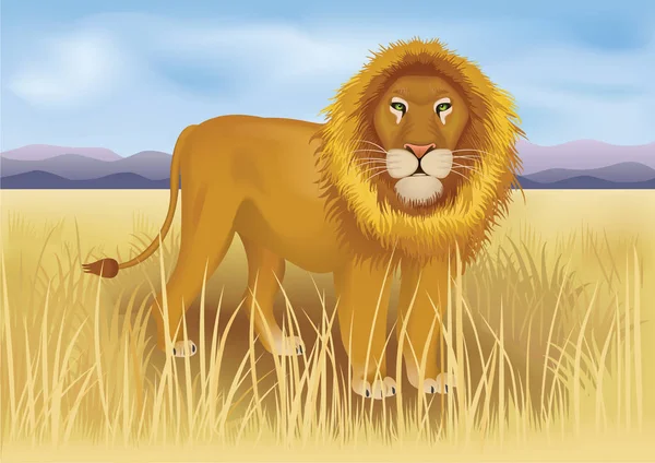 Африканский лев в саванне между горами — стоковый вектор