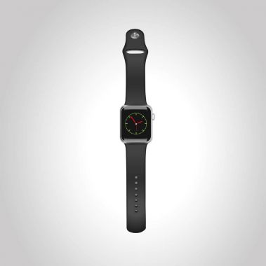 Apple Watch spor 42 mm siyah alüminyum durumda homescreen üstünde belgili tanımlık göstermek ile siyah spor grubu ile vektör. Önden Görünüm vurdu studio kapatın. Eps10.