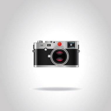 Realistic vintage style retro photo camera with shiny blue lens. Vector illustration  isolated on gray background clipart