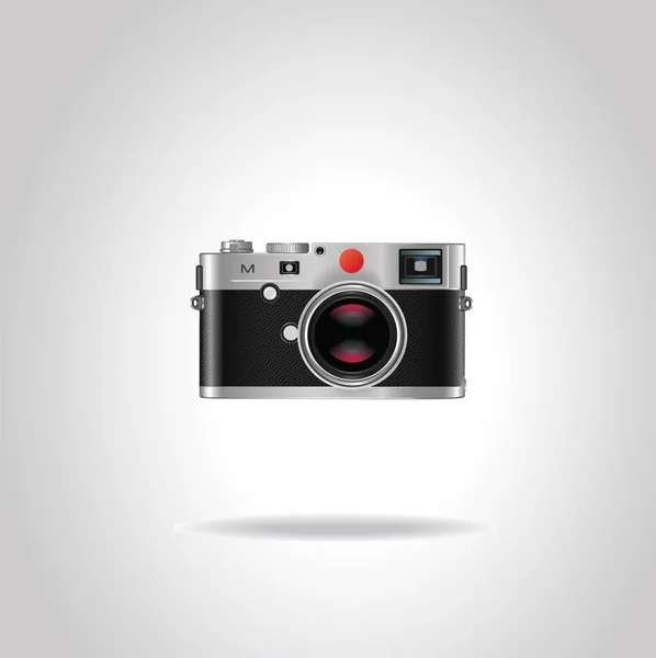 Realistic vintage style retro photo camera with shiny blue lens. Vector illustration  isolated on gray background — Stock Vector