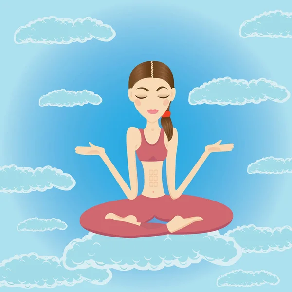 Belle jeune femme méditant et se relaxant dans le ciel — Image vectorielle