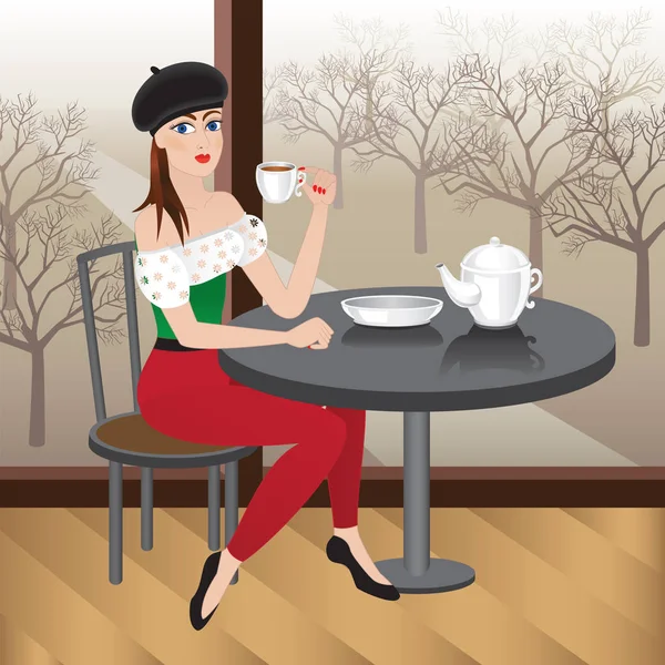 美丽的女人坐在咖啡馆里喝杯茶 — 图库矢量图片#