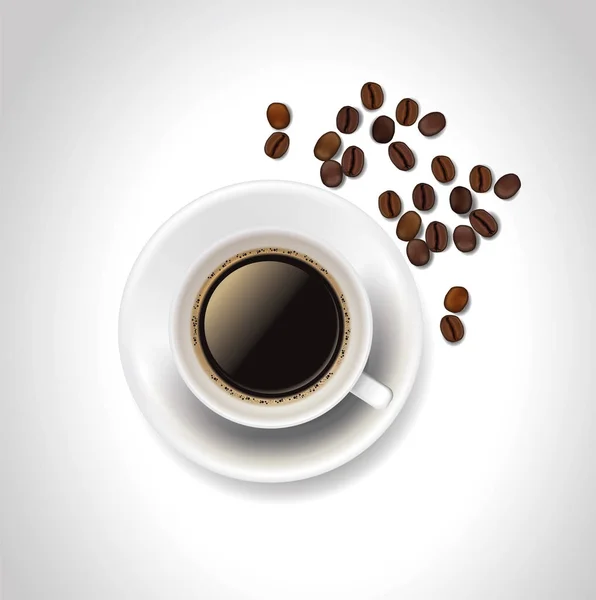 Vector realistic coffee cup and coffee beans on white background.