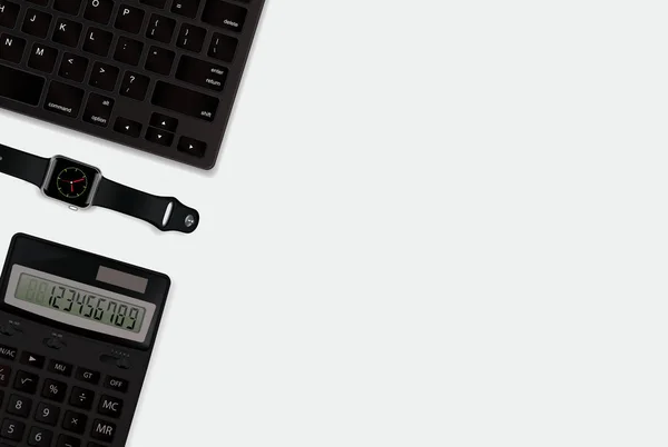 Realistické pozadí: kalkulačky, klávesnice, moderní hodinky. 3d pohled shora. — Stock fotografie