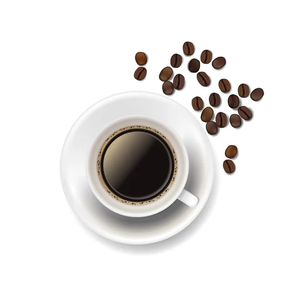 Vector realistiska kaffekopp och kaffebönor på vit bakgrund. — Stock vektor