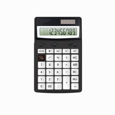 Beyaz arka plan üzerinde izole beyaz düğmeli gerçekçi vektör siyah hesap makinesi.